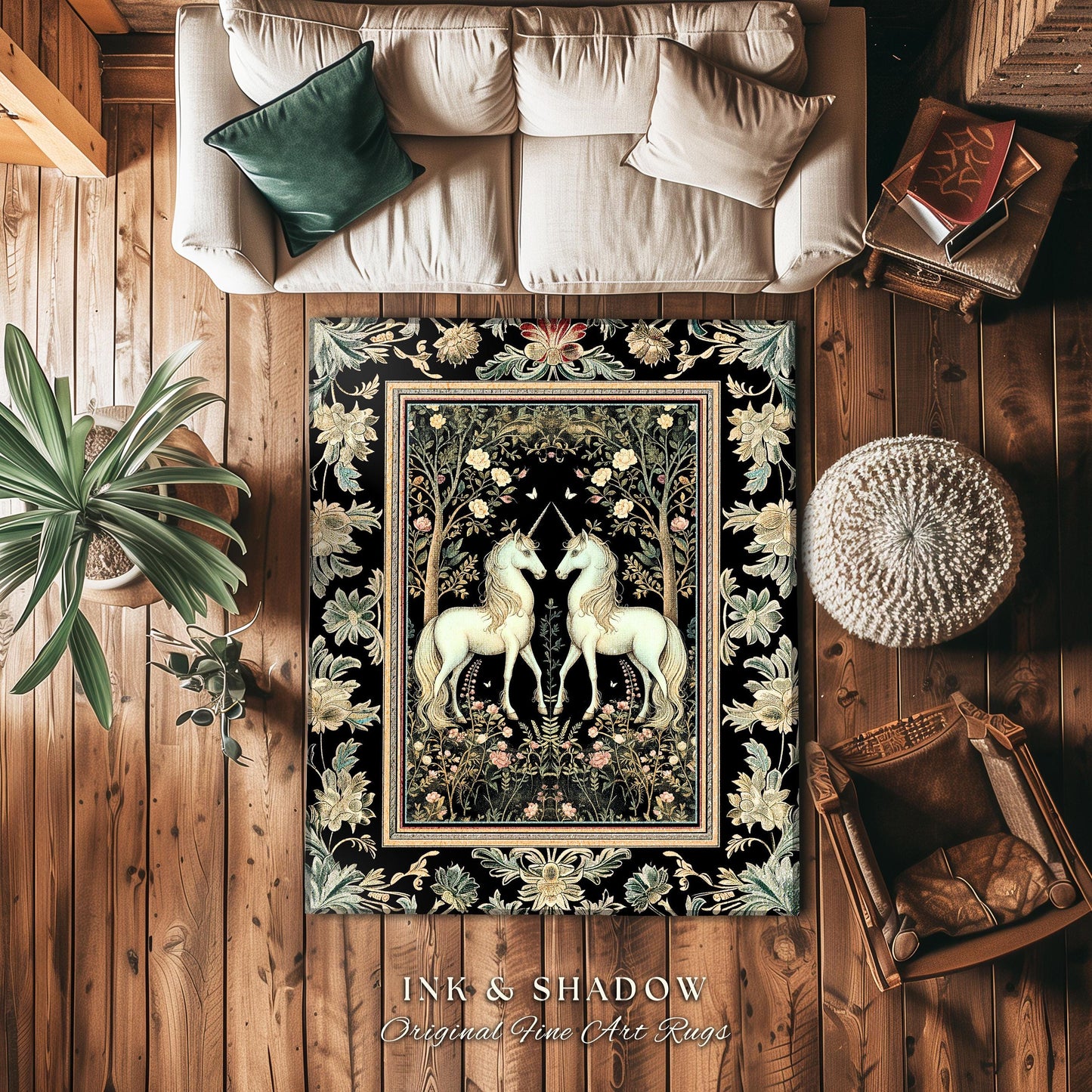 Magic Garden Ethereal Unicorn Rug | Folklore Aesthetic Storybook Woodland Whimsy Floral Fairytale Home Accent Rug Fairycore Bedroom Gothic |
