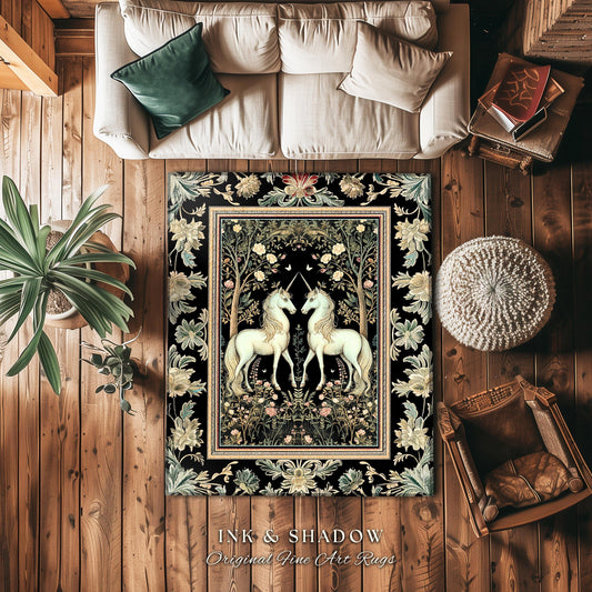 Magic Garden Ethereal Unicorn Rug | Folklore Aesthetic Storybook Woodland Whimsy Floral Fairytale Home Accent Rug Fairycore Bedroom Gothic |