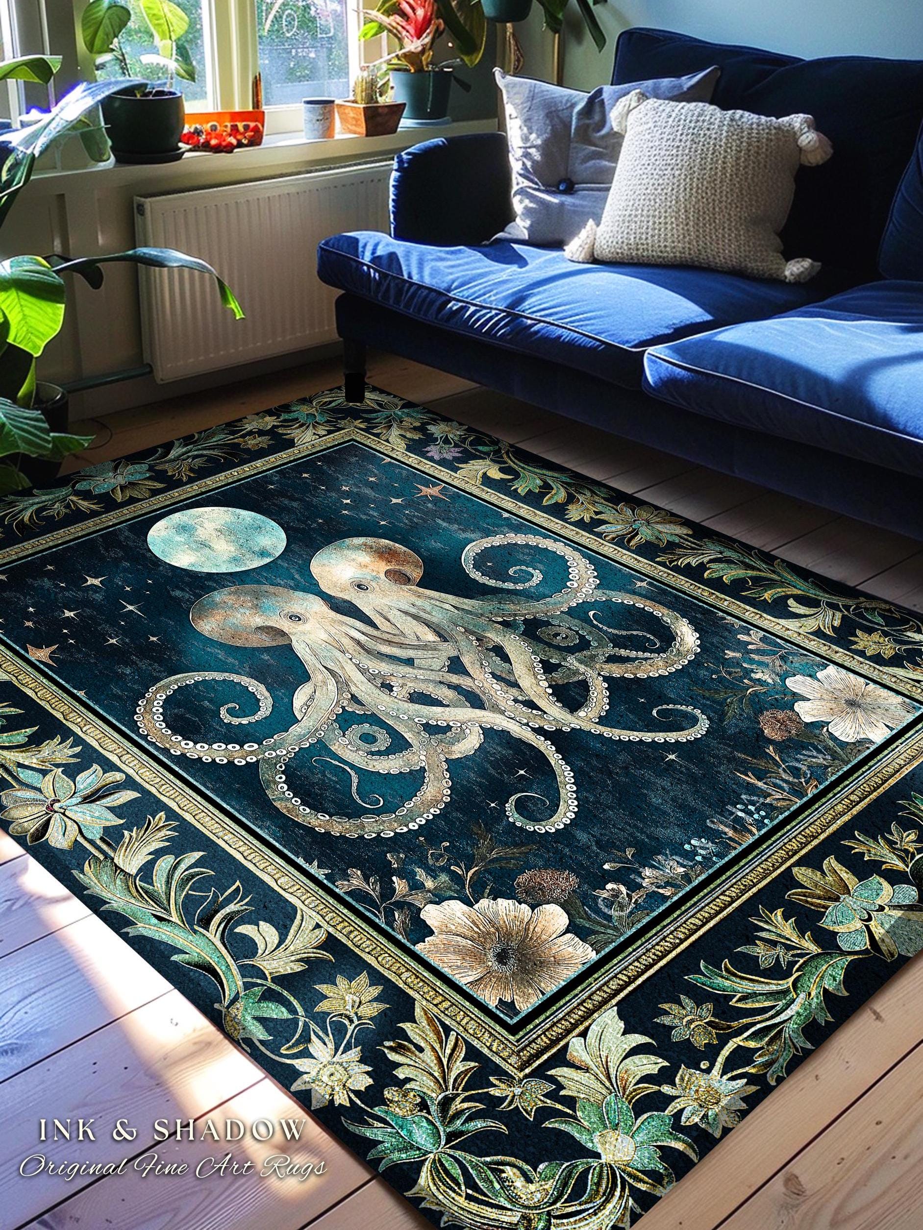 Romantic Victorian Octopus Area Rug | Ethereal Moonlit Ocean Aesthetic Underwater Eclectic Oddities Whimsical Home Accent Magical Sea Life |