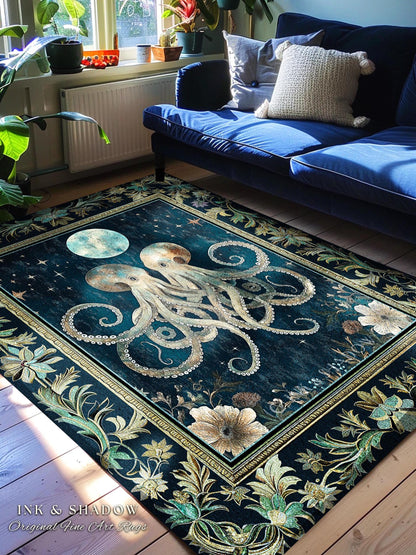 Romantic Victorian Octopus Area Rug | Ethereal Moonlit Ocean Aesthetic Underwater Eclectic Oddities Whimsical Home Accent Magical Sea Life |