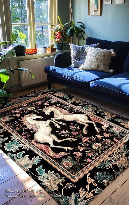 Rustic Folklore Mystical Unicorn Area Rug | Whimsical Purple Accent Bedroom Decor Magic Cottagecore Fairycore Magical Creature Dark Floral