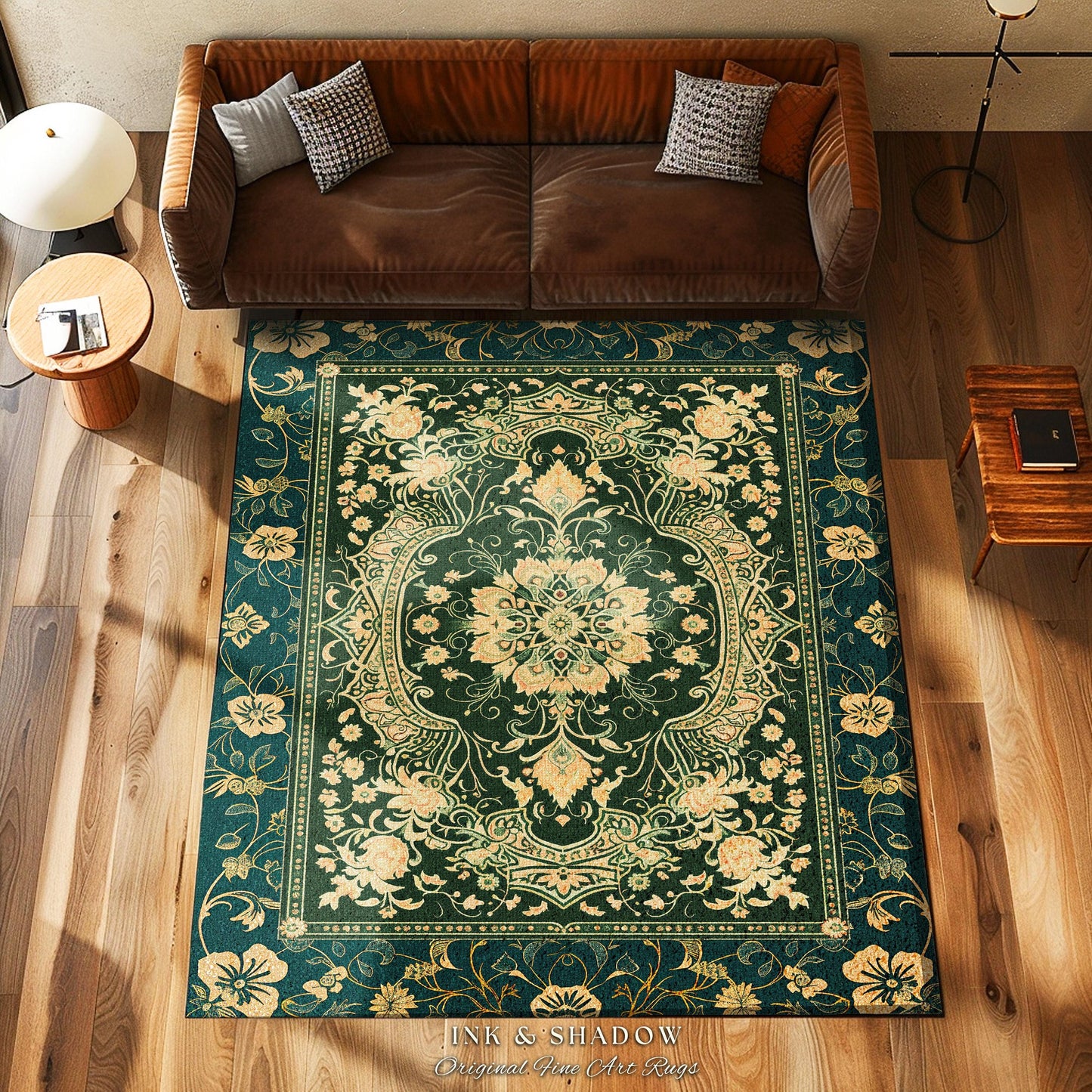 Classical Victorian Green Accent Rug | Vibrant Colors Forest Green Area Rug Floral Elegance Ornate Bohemian Style Baroque Emerald Green |
