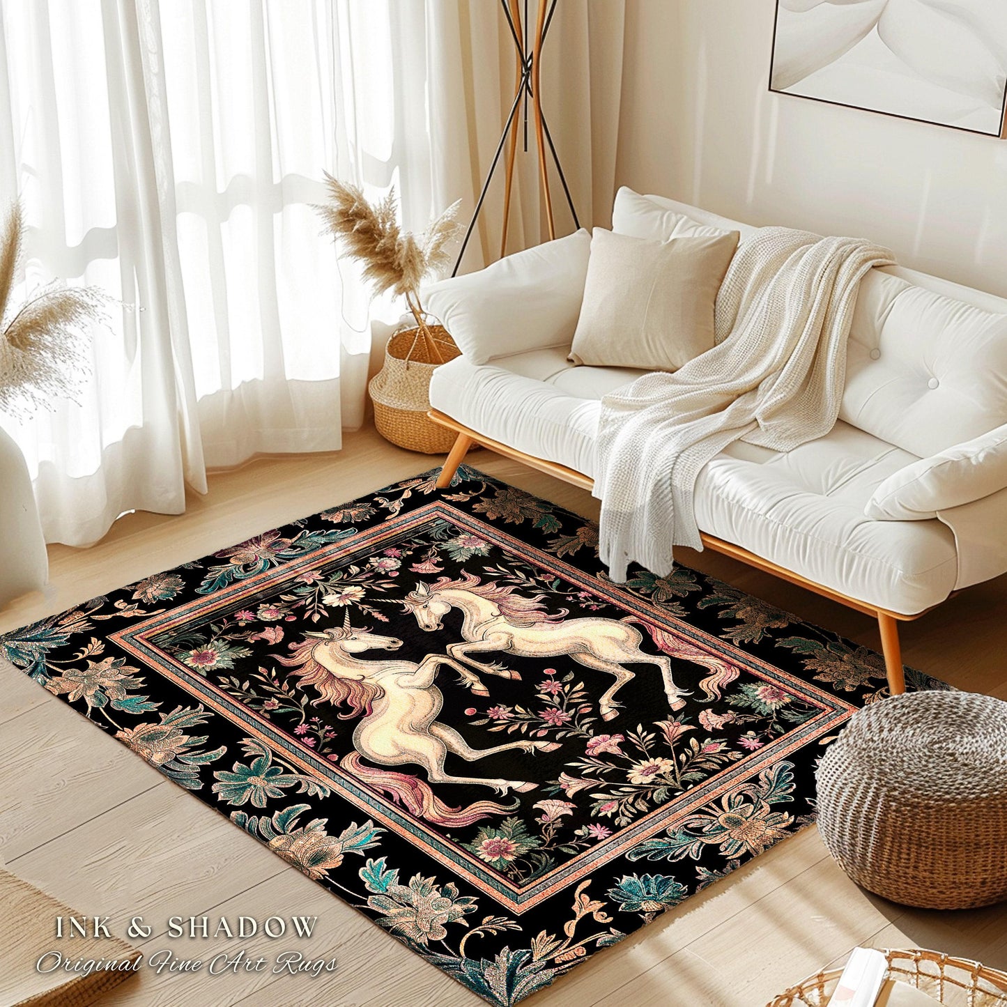 Rustic Folklore Mystical Unicorn Area Rug | Whimsical Purple Accent Bedroom Decor Magic Cottagecore Fairycore Magical Creature Dark Floral
