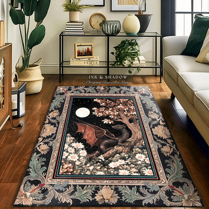 Dreamscape Rug Twilight Dragon Dark Floral Enchanted Victorian Gothic Art Decor | Mystic Forest Whimsical Folklore Magical Home Accent |