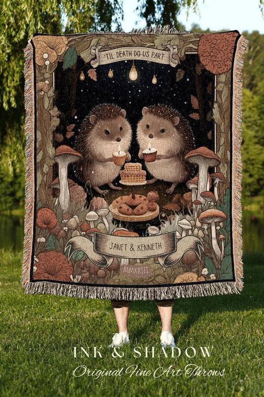 Cottagecore Wedding Gift Custom | Couples Custom Cotton Woven Fringe Blanket Cute Hedgehog Couples Anniversary Gift Wedding Blanket Woven |