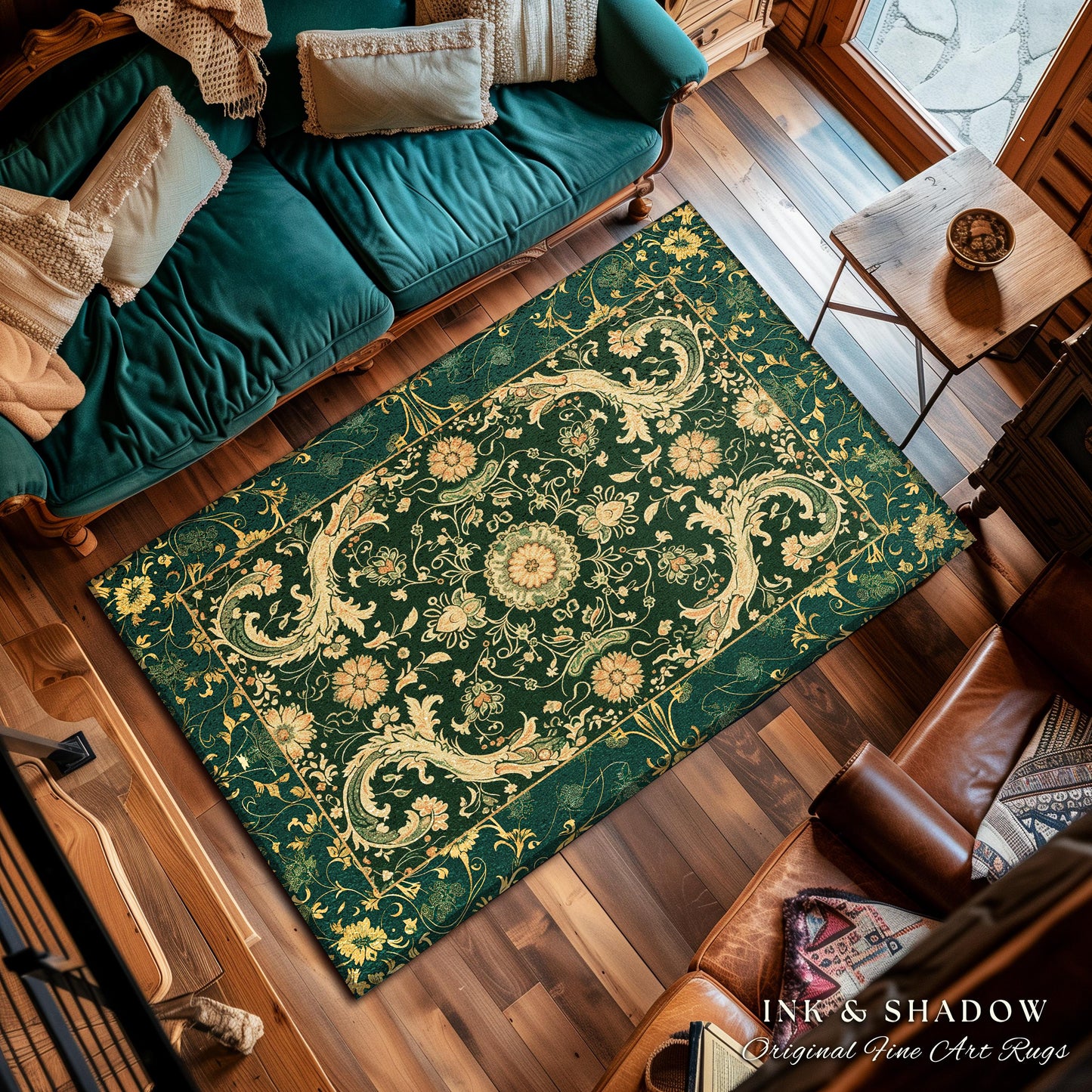 Bohemian Aesthetic Dark Green Area Rug | Baroque Emerald Green Victorian Home Accent Rug Floral Elegance Ornate Classical Ornamental Style |