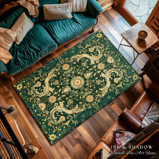 Bohemian Aesthetic Dark Green Area Rug | Baroque Emerald Green Victorian Home Accent Rug Floral Elegance Ornate Classical Ornamental Style |