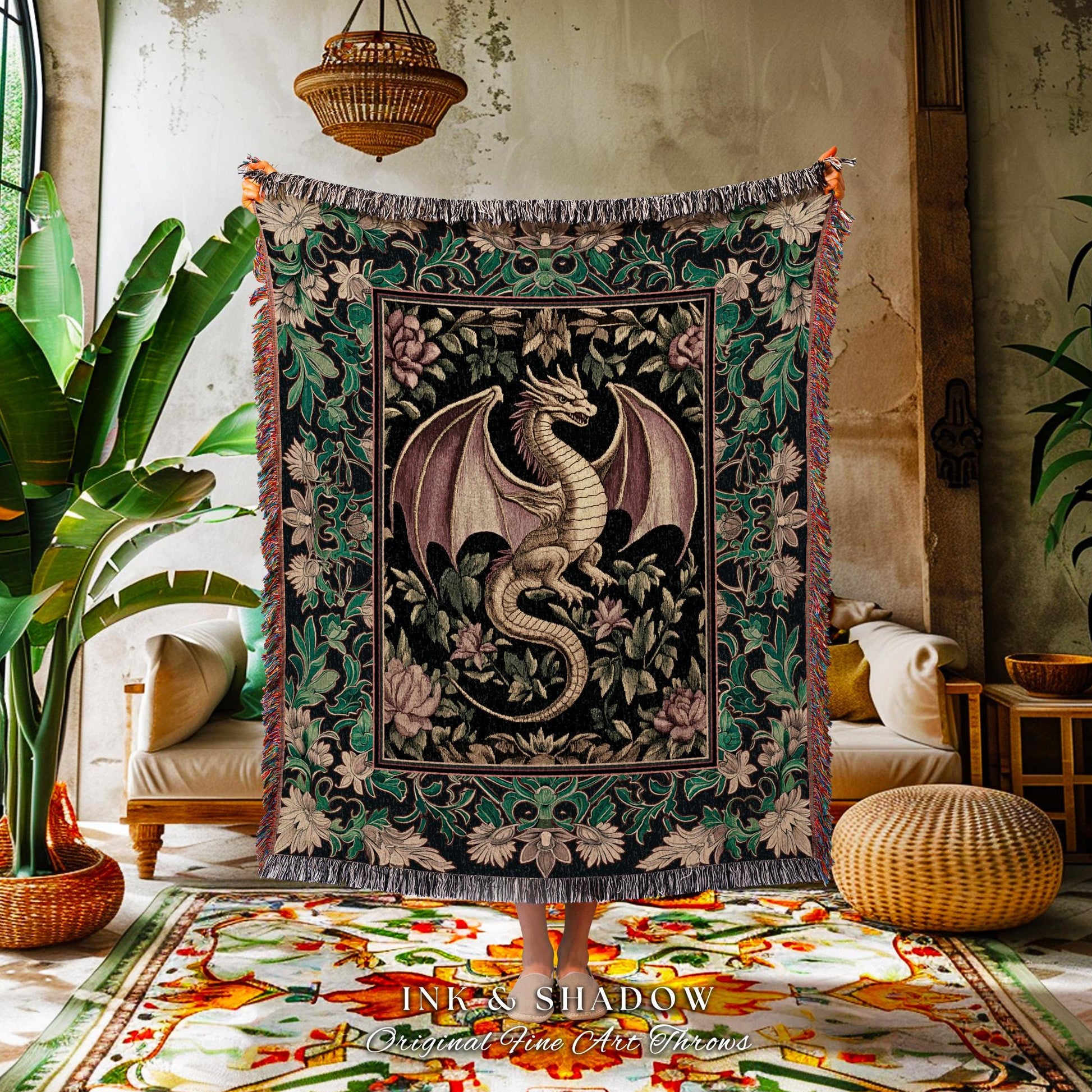 Victorian Gothic Medieval Dragon Blanket | Enchanted Ornate Baroque Fantasy Tapestry Throw Mystical Vintage Whimsigoth Woodland Bedroom Art