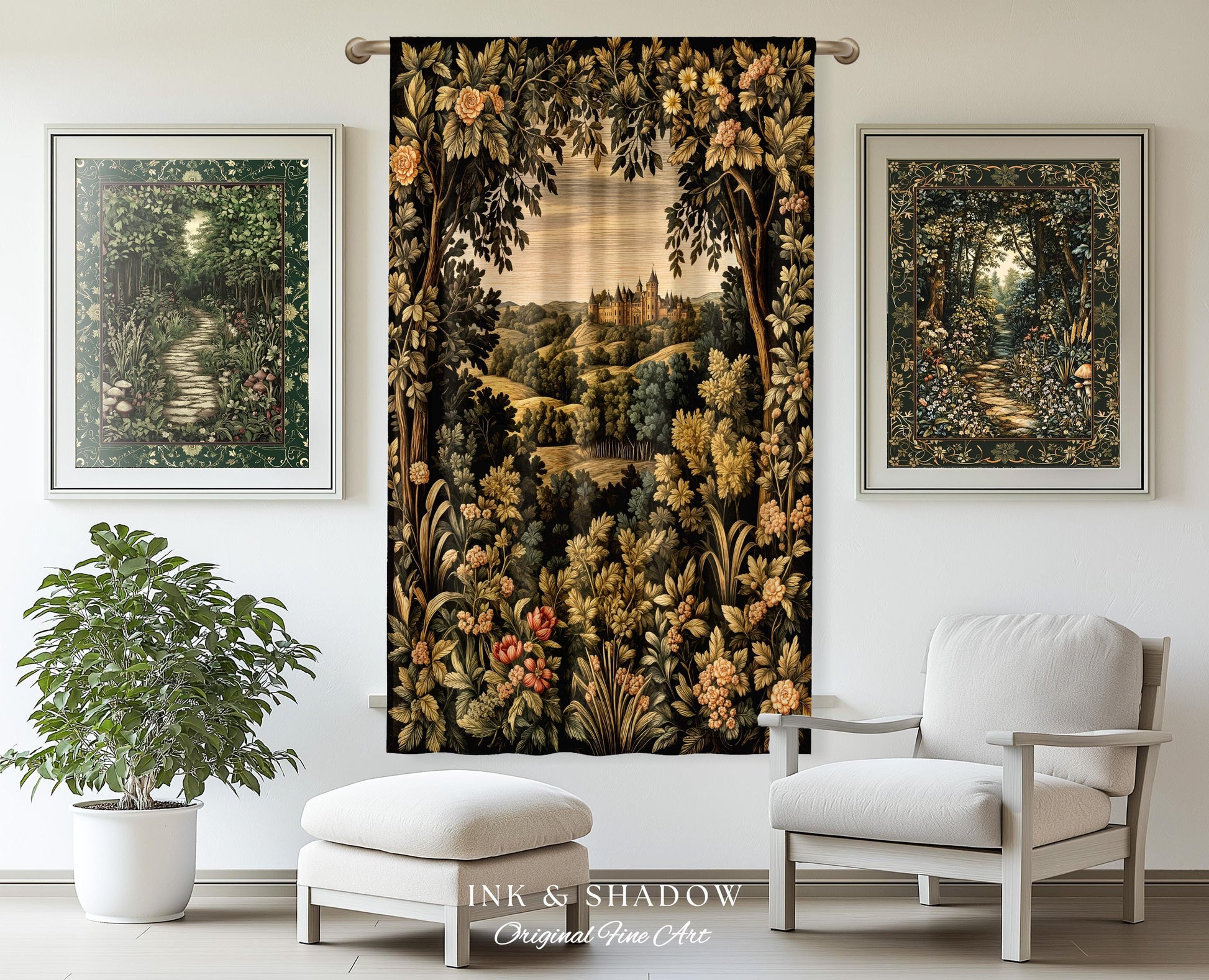 Medieval Meadow Window Drapes | Rustic Fairytale Castle Landscape Woodland Fairy Folklore Princesscore Aesthetic Mystic Victorian Curtains |