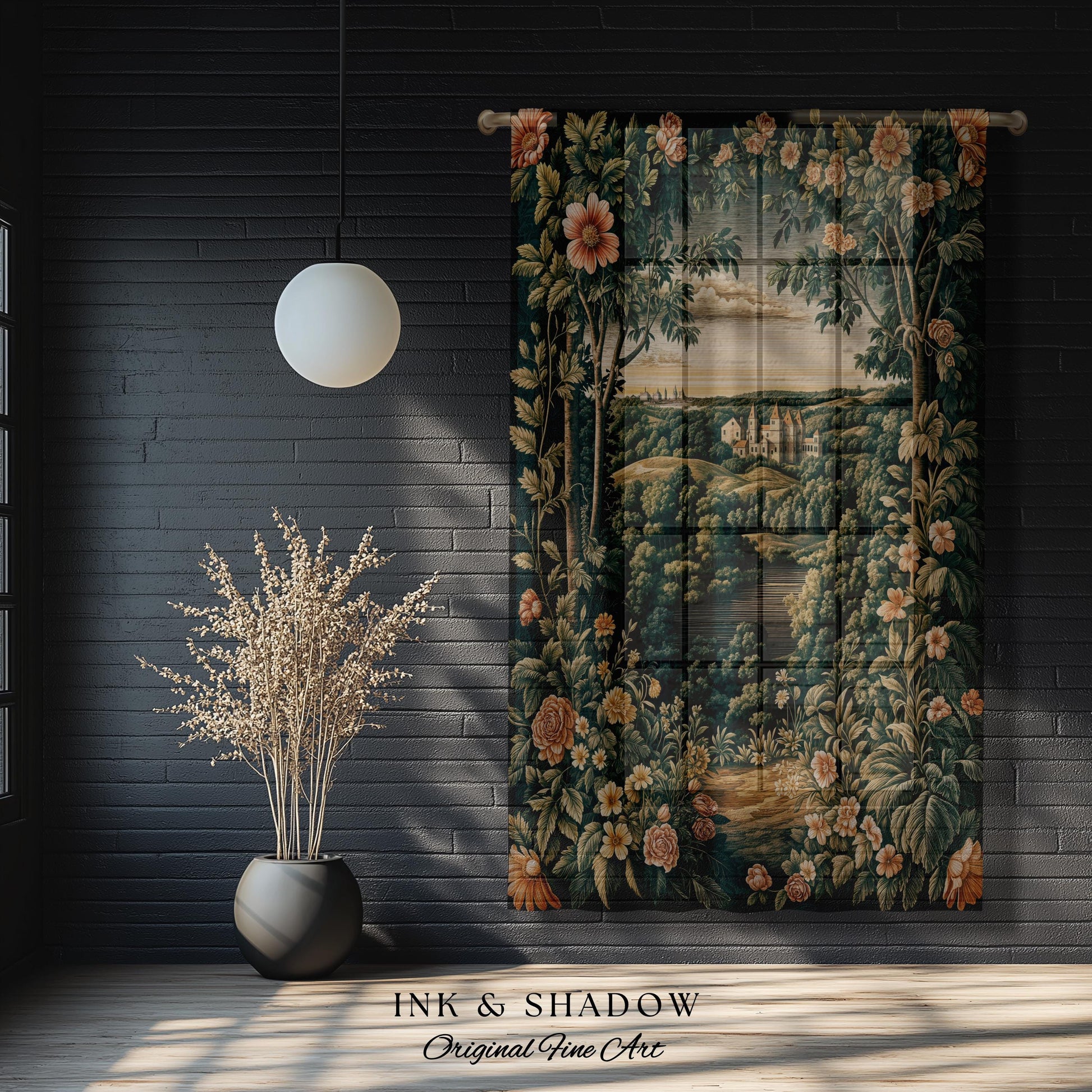 Princess Medieval Castle Window Curtains | Rustic Floral Landscape Whimsigoth Ethereal Bedroom Aesthetic Drapes Woodland Goth Romantic Decor