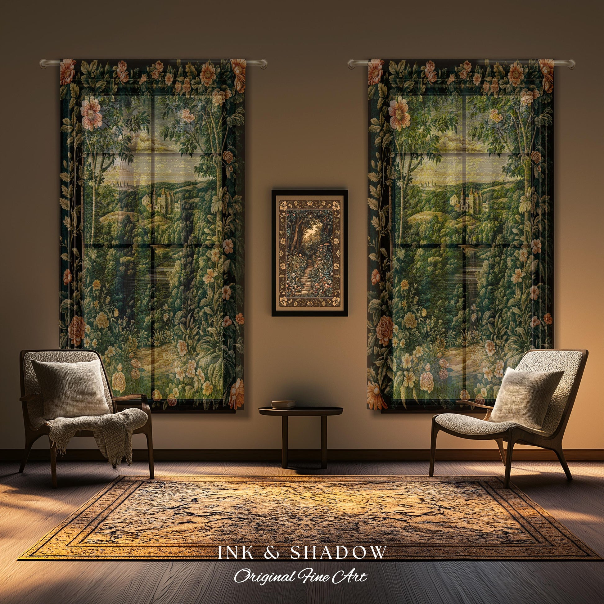 Princess Medieval Castle Window Curtains | Rustic Floral Landscape Whimsigoth Ethereal Bedroom Aesthetic Drapes Woodland Goth Romantic Decor
