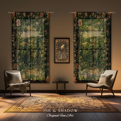 Princess Medieval Castle Window Curtains | Rustic Floral Landscape Whimsigoth Ethereal Bedroom Aesthetic Drapes Woodland Goth Romantic Decor