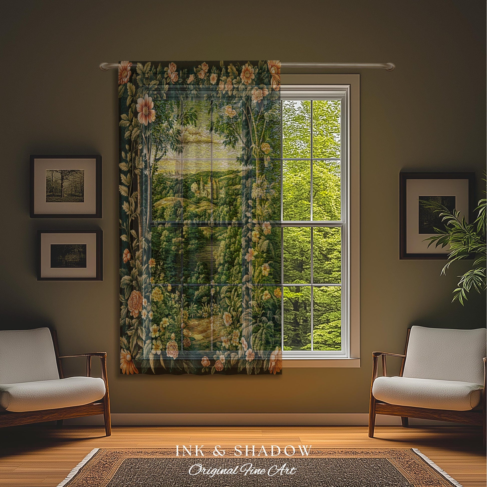 Princess Medieval Castle Window Curtains | Rustic Floral Landscape Whimsigoth Ethereal Bedroom Aesthetic Drapes Woodland Goth Romantic Decor