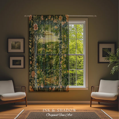 Princess Medieval Castle Window Curtains | Rustic Floral Landscape Whimsigoth Ethereal Bedroom Aesthetic Drapes Woodland Goth Romantic Decor