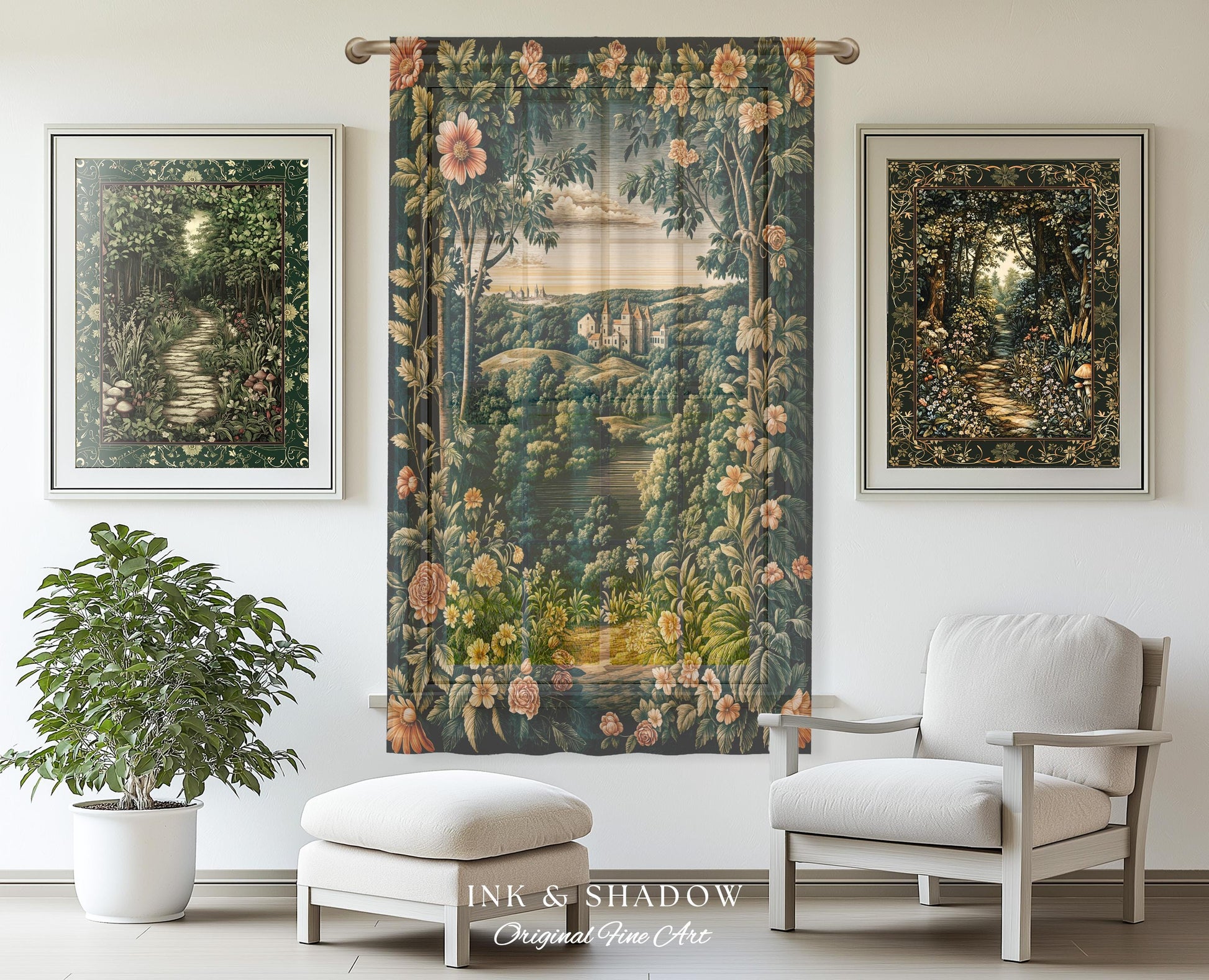 Princess Medieval Castle Window Curtains | Rustic Floral Landscape Whimsigoth Ethereal Bedroom Aesthetic Drapes Woodland Goth Romantic Decor