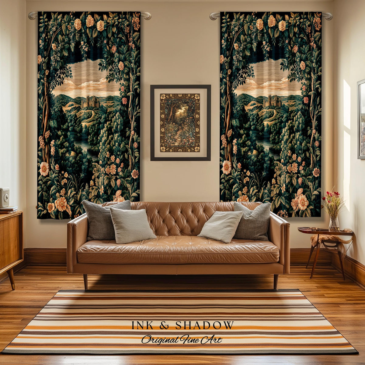 Rosy Forestcore Floral Window Drapes | Woodland Castle Dreamy Ethereal Aesthetic Curtains Princess Room Woodland Medieval Whimsical Elegance