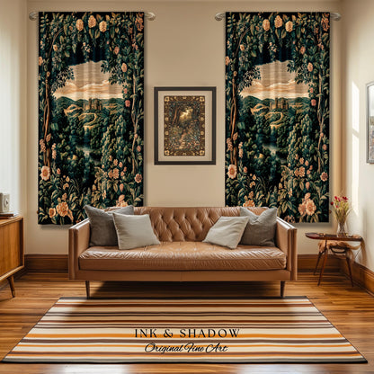 Rosy Forestcore Floral Window Drapes | Woodland Castle Dreamy Ethereal Aesthetic Curtains Princess Room Woodland Medieval Whimsical Elegance