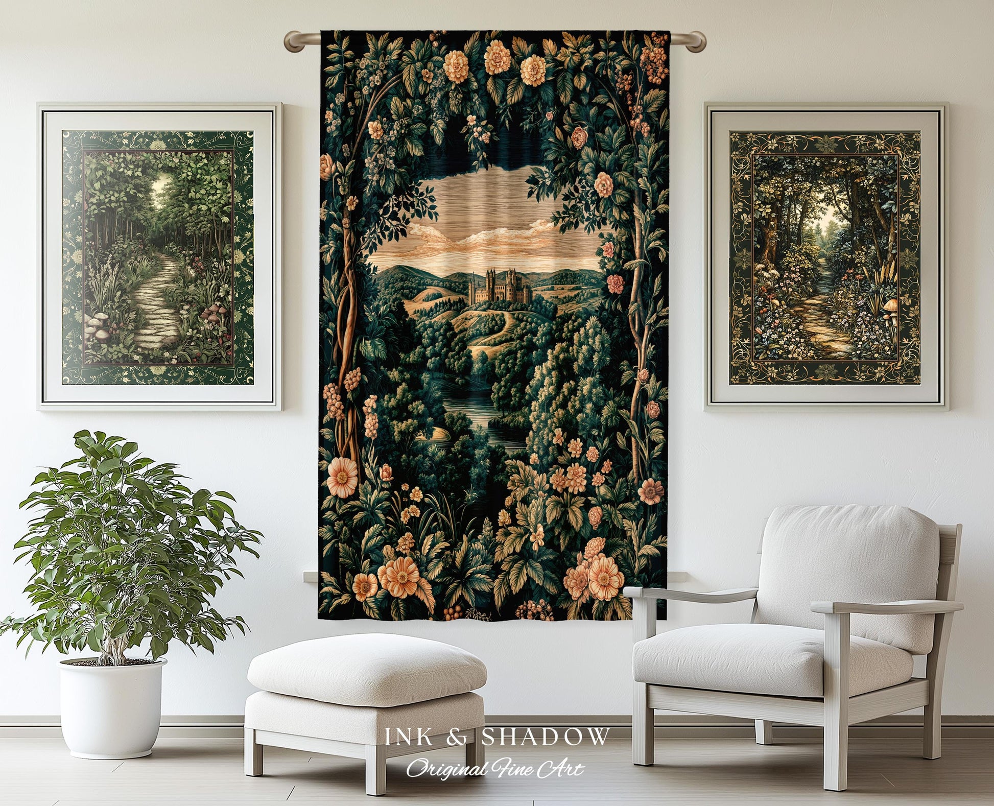 Rosy Forestcore Floral Window Drapes | Woodland Castle Dreamy Ethereal Aesthetic Curtains Princess Room Woodland Medieval Whimsical Elegance