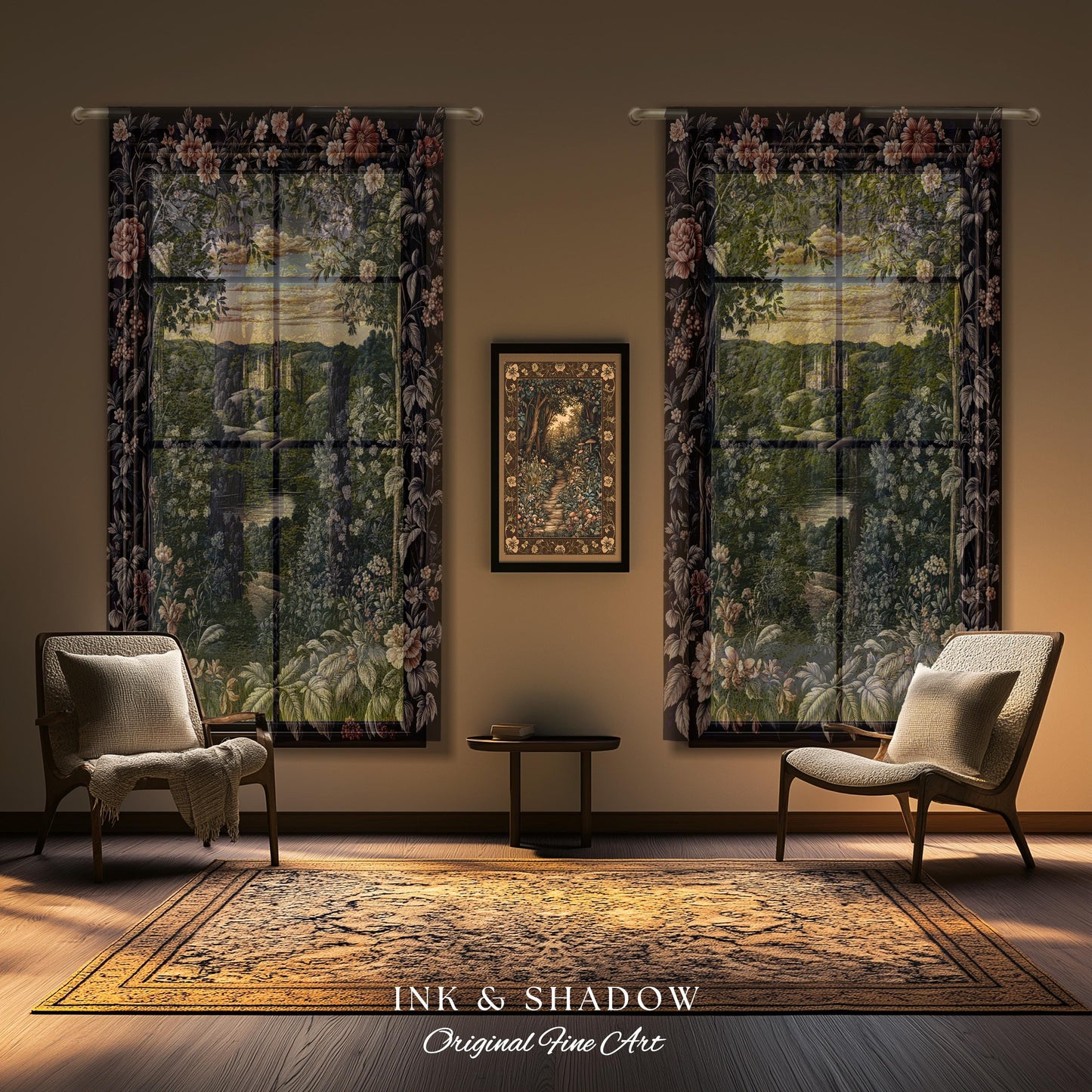 Pastel Fairy Aesthetic Curtains | Ethereal Woodland Royalcore Rosy Blackout Curtain Bedroom Botanical Landscape Medieval Princess Rustic |