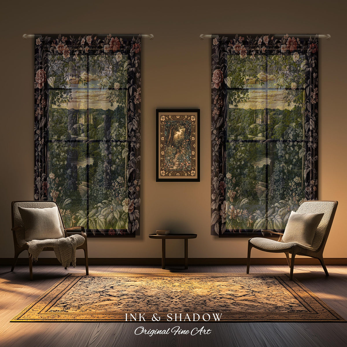Pastel Fairy Aesthetic Curtains | Ethereal Woodland Royalcore Rosy Blackout Curtain Bedroom Botanical Landscape Medieval Princess Rustic |