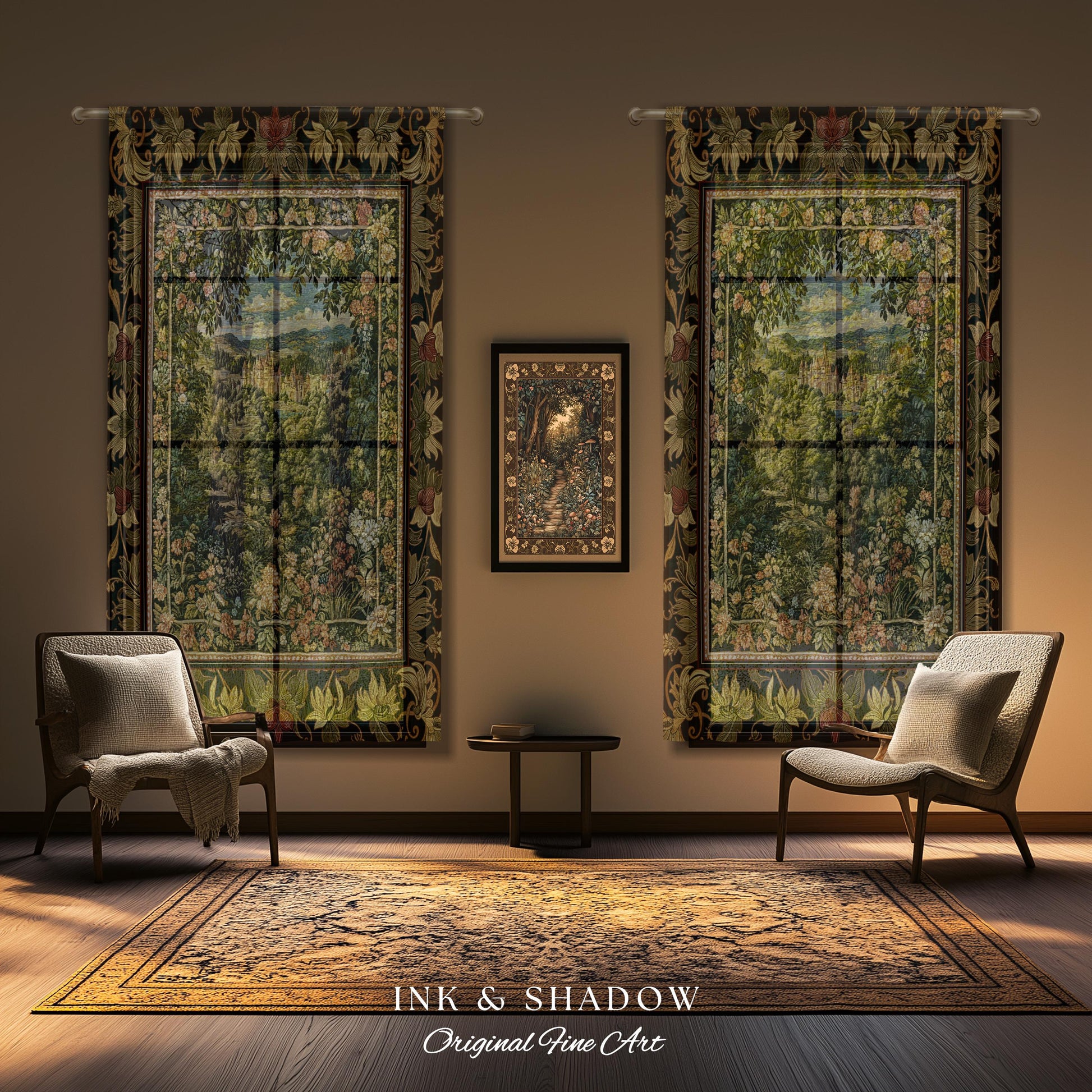 Fantasy Castle Botanical Curtains | Fairycore Princess Blanket Woodland Moody Medieval Woodland Fairytale Drapes Whimsy Whimsigothic Decor