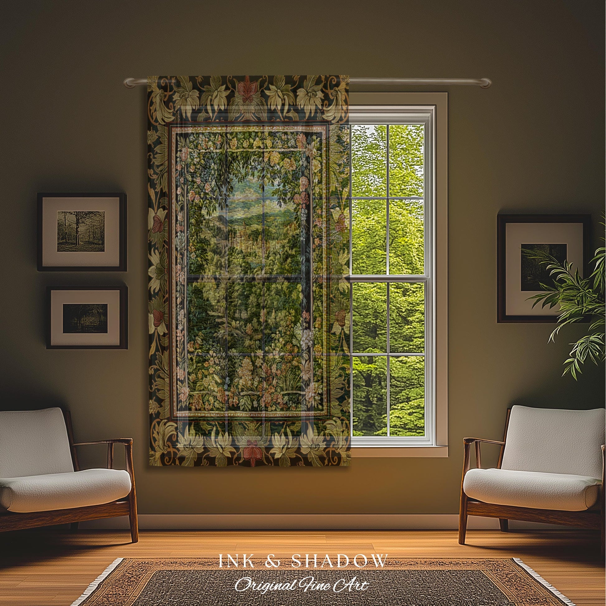 Fantasy Castle Botanical Curtains | Fairycore Princess Blanket Woodland Moody Medieval Woodland Fairytale Drapes Whimsy Whimsigothic Decor