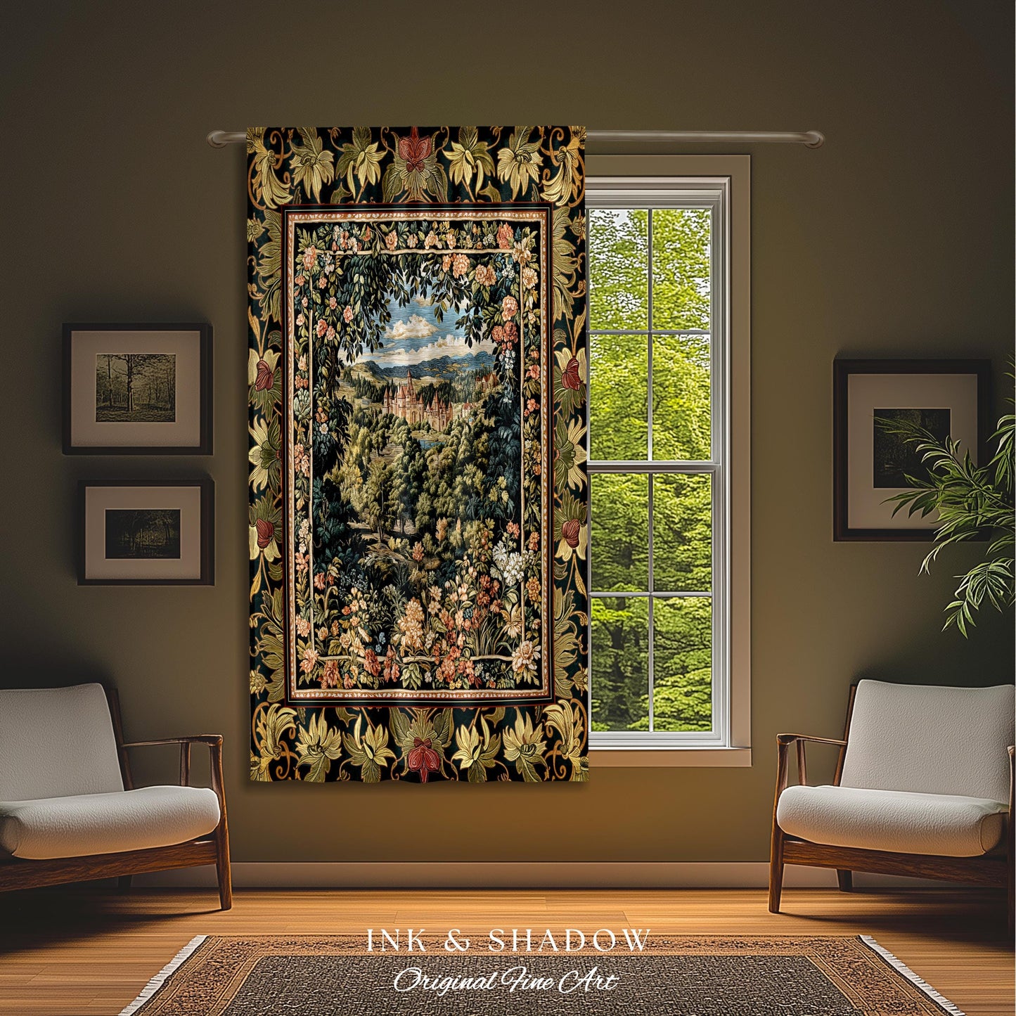 Fantasy Castle Botanical Curtains | Fairycore Princess Blanket Woodland Moody Medieval Woodland Fairytale Drapes Whimsy Whimsigothic Decor