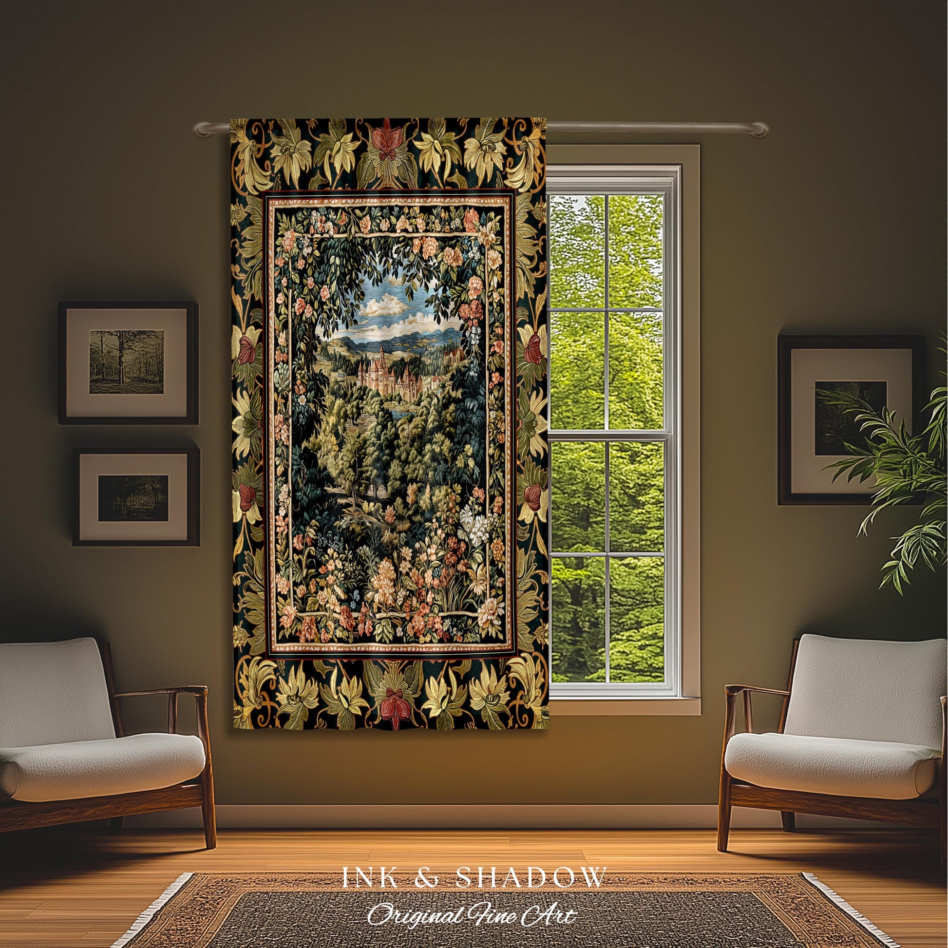 Fantasy Castle Botanical Curtains | Fairycore Princess Blanket Woodland Moody Medieval Woodland Fairytale Drapes Whimsy Whimsigothic Decor