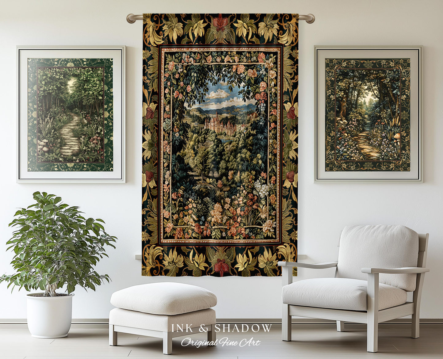 Fantasy Castle Botanical Curtains | Fairycore Princess Blanket Woodland Moody Medieval Woodland Fairytale Drapes Whimsy Whimsigothic Decor