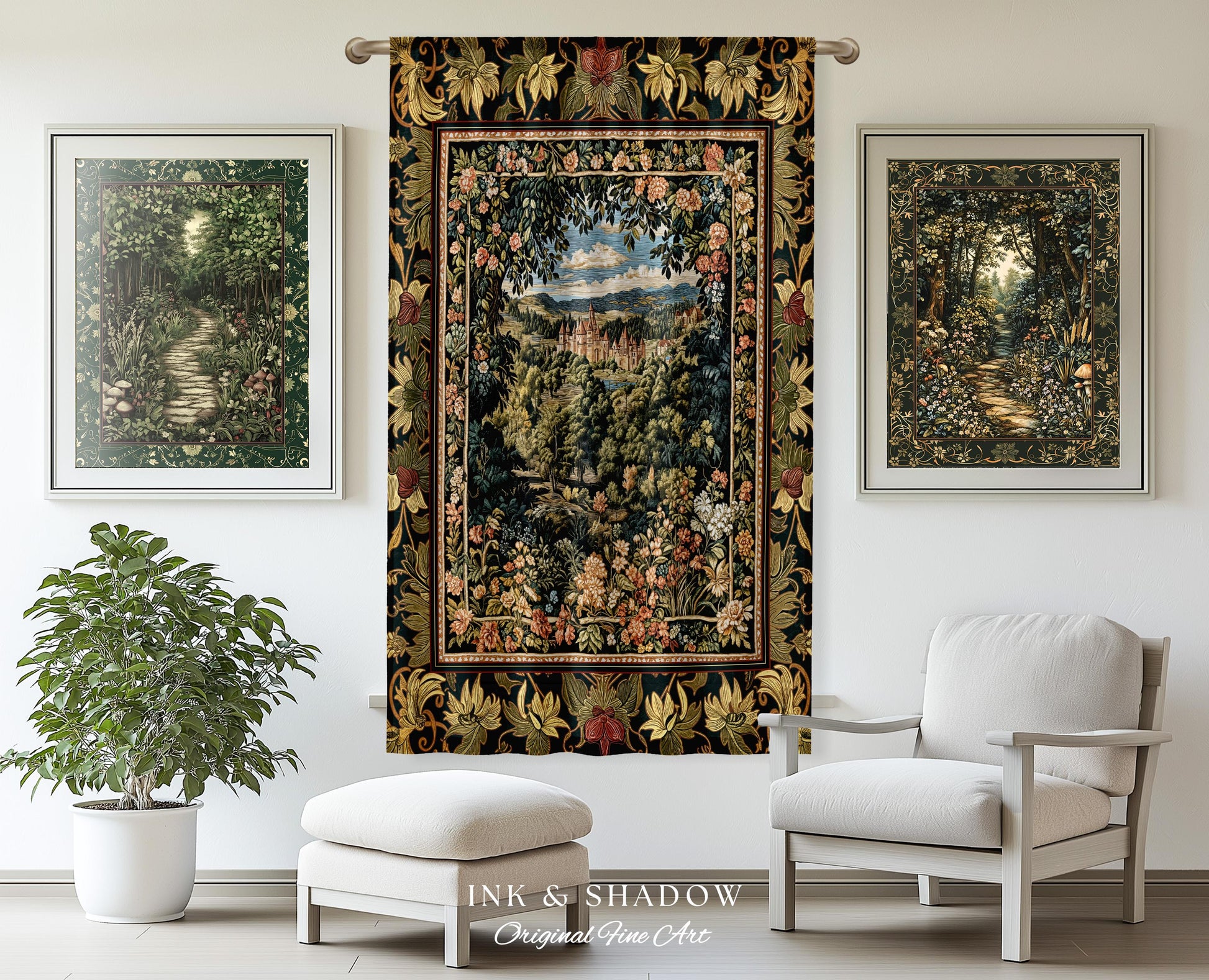 Fantasy Castle Botanical Curtains | Fairycore Princess Blanket Woodland Moody Medieval Woodland Fairytale Drapes Whimsy Whimsigothic Decor