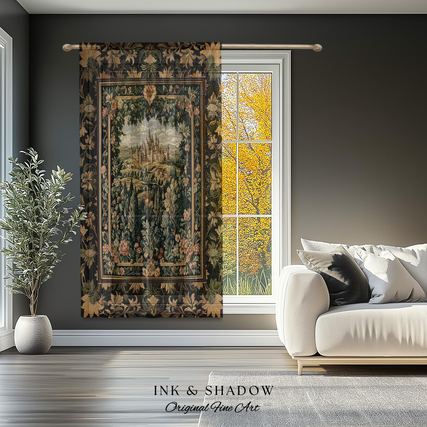 Dark Academia Victorian Royal Curtain | Fantasy Window Blackout Decor Woodland Princess Medieval Rustic Floral Landscape Coquette Maximalist
