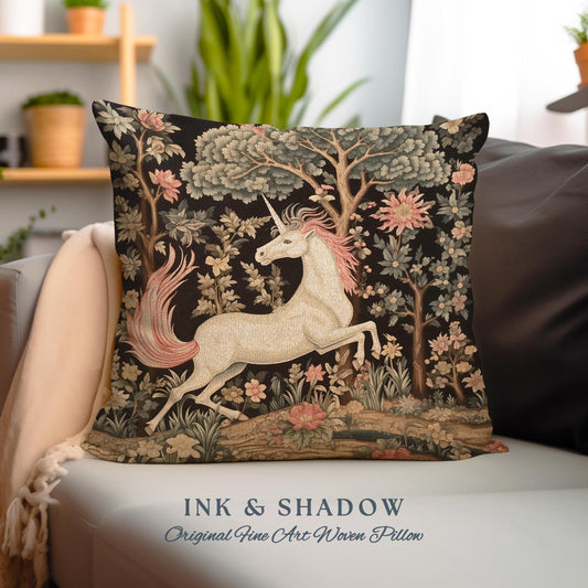 Ethereal Unicorn Folk Art Pillow | Woodland Maximalist Accent Pillow William Morris Style Forestcore Cushion Fairycore Bedroom Unicorn Decor