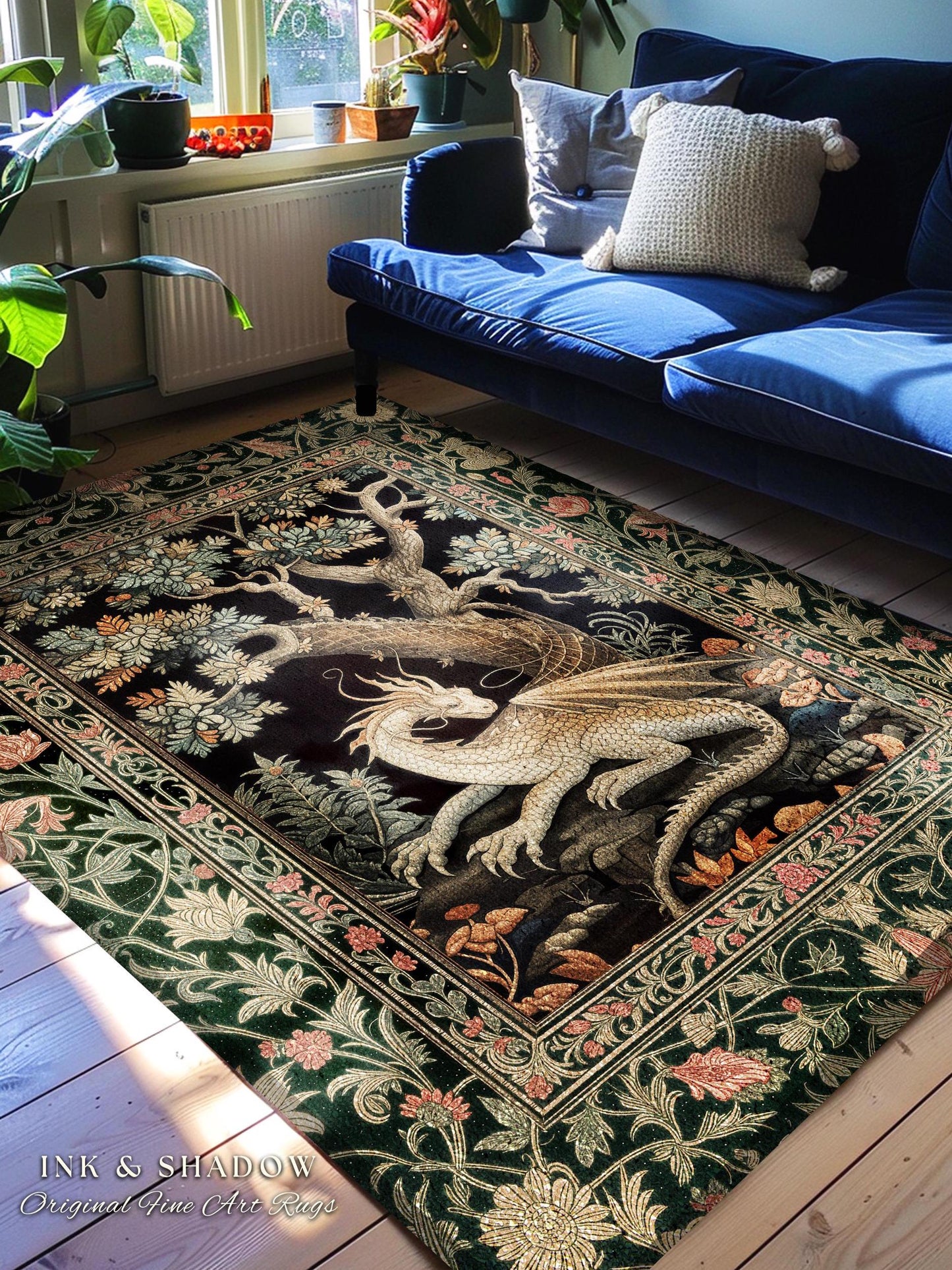 Fantasy Inspired Area Rug | Dark Academia Gothic Book Nook Decor Fairycore Bedroom Magical Dragon Aesthetic Maximalist Rug For Game Room |