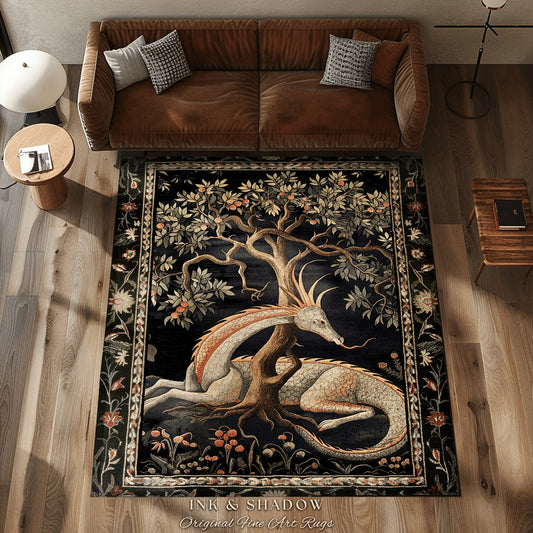 Forest Spirit Area Rug | Dark Cottagecore Gothic Book Nook Decor Fairy Core Bedroom Magical Dragon Aesthetic Maximalist Rug for Game Room |