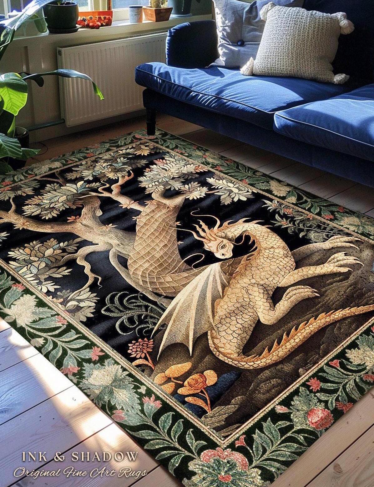 Dark Medieval Dragon Aesthetic Round Area Rug | Folklore Room Decor Fairytale Inspired DnD Gift Dark Cottagecore Fairycore Game Room Decor