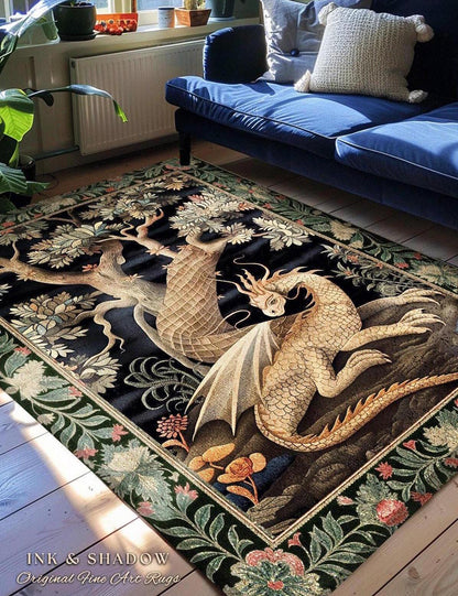 Dark Medieval Dragon Aesthetic Round Area Rug | Folklore Room Decor Fairytale Inspired DnD Gift Dark Cottagecore Fairycore Game Room Decor