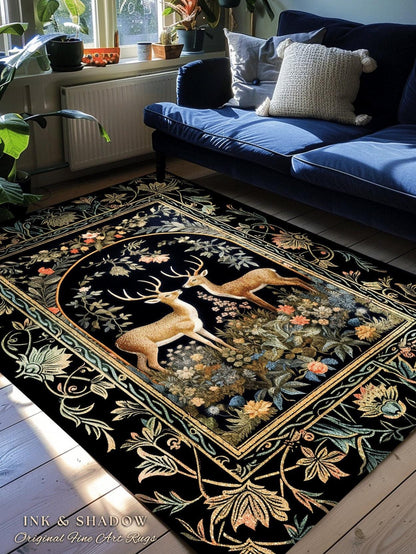 Mystical Deer Lovers Round Rug Vintage Floral Cottagecore Aesthetic Fairycore Decor | Magical Nature Inspired Woodland Forest Deer Art Rug