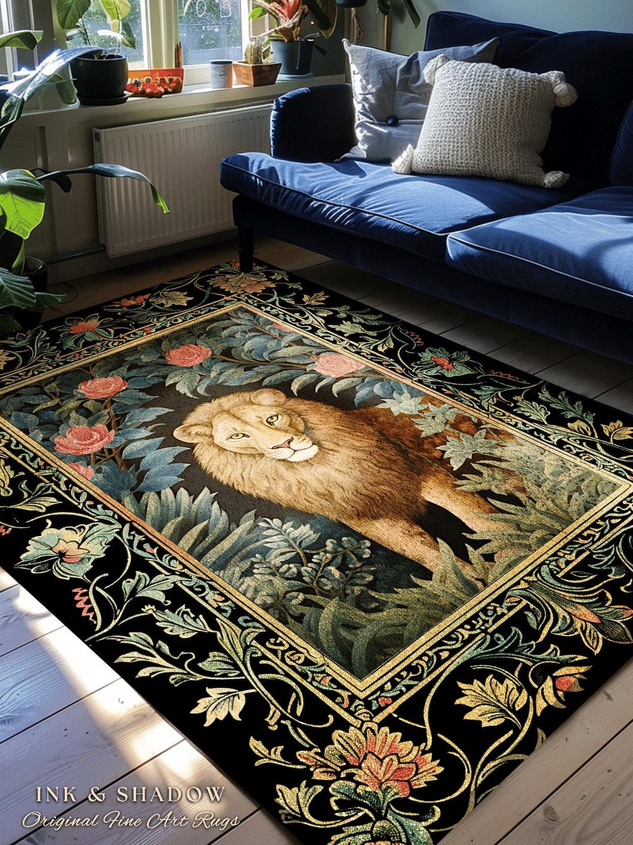 Dark Floral Round Lion Rug Whimsical Botanical Dark Cottagecore Art Decor | Boho Fairycore Jungle Decor Boho Lion Gothic Victorian Aesthetic
