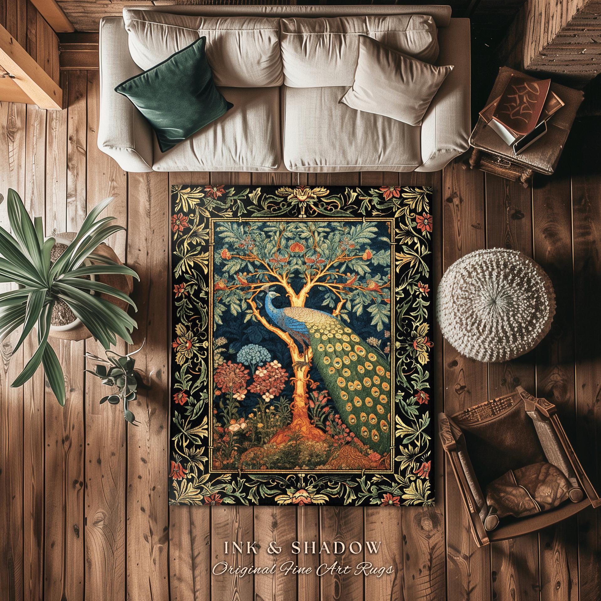 Cottagecore Peacock Accent Rug | Royalcore Floral Room Decor William Morris Inspired Cottagecore Aesthetic Fairycore Bedroom Ethereal