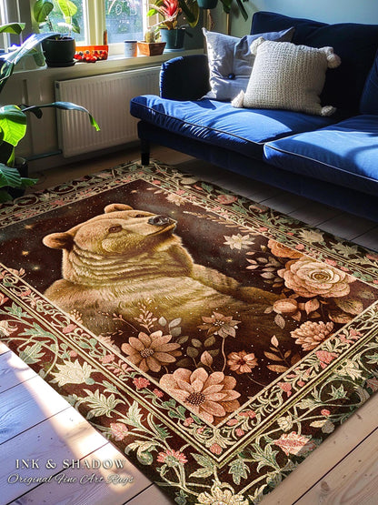 Enchanted Grizzly Bear Rug Mystical Floral Woodland Vintage Cottagecore | Forestcore Botanical Art Rustic Decor Fairycore Aesthetic Accent