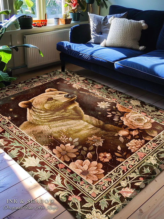 Enchanted Grizzly Bear Rug Mystical Floral Woodland Vintage Cottagecore | Forestcore Botanical Art Rustic Decor Fairycore Aesthetic Accent