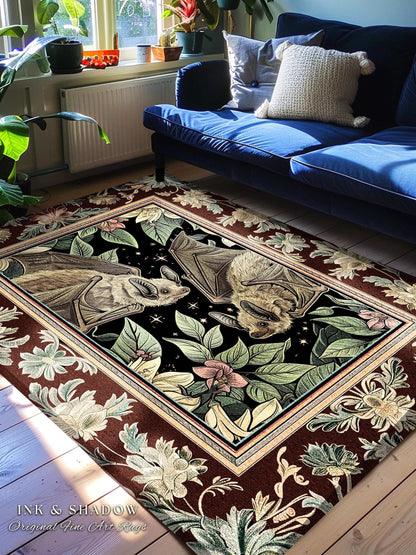 Whimsical Floral Bat Rug Boho Mystical Design Dark Academia Fairycore Decor | Dark Floral Woodland Gothic Rug Celestial Cottagecore Bat Rug