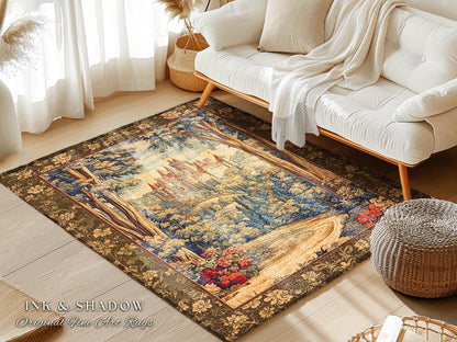 Book Nook Fairytale Castle Area Rug | Woodland Fairycore Bohemian Rug Folklore Aesthetic Magical Landscape Forestcore Bedroom Dark Academia