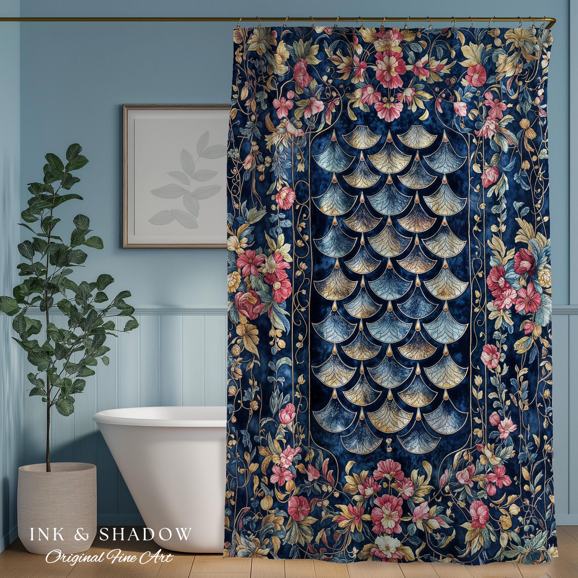 Ethereal Magic Floral Folklore Shower Curtain | Storybook Fairytale Dragon Scale Medieval Wildflower Bathroom Accent Decorative Princesscore