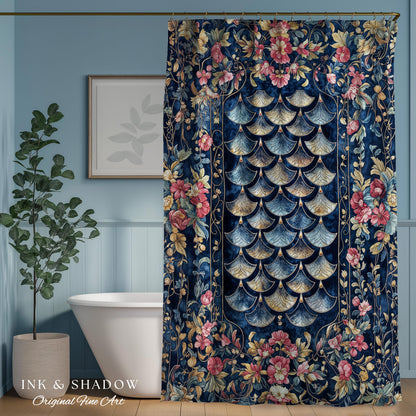 Ethereal Magic Floral Folklore Shower Curtain | Storybook Fairytale Dragon Scale Medieval Wildflower Bathroom Accent Decorative Princesscore