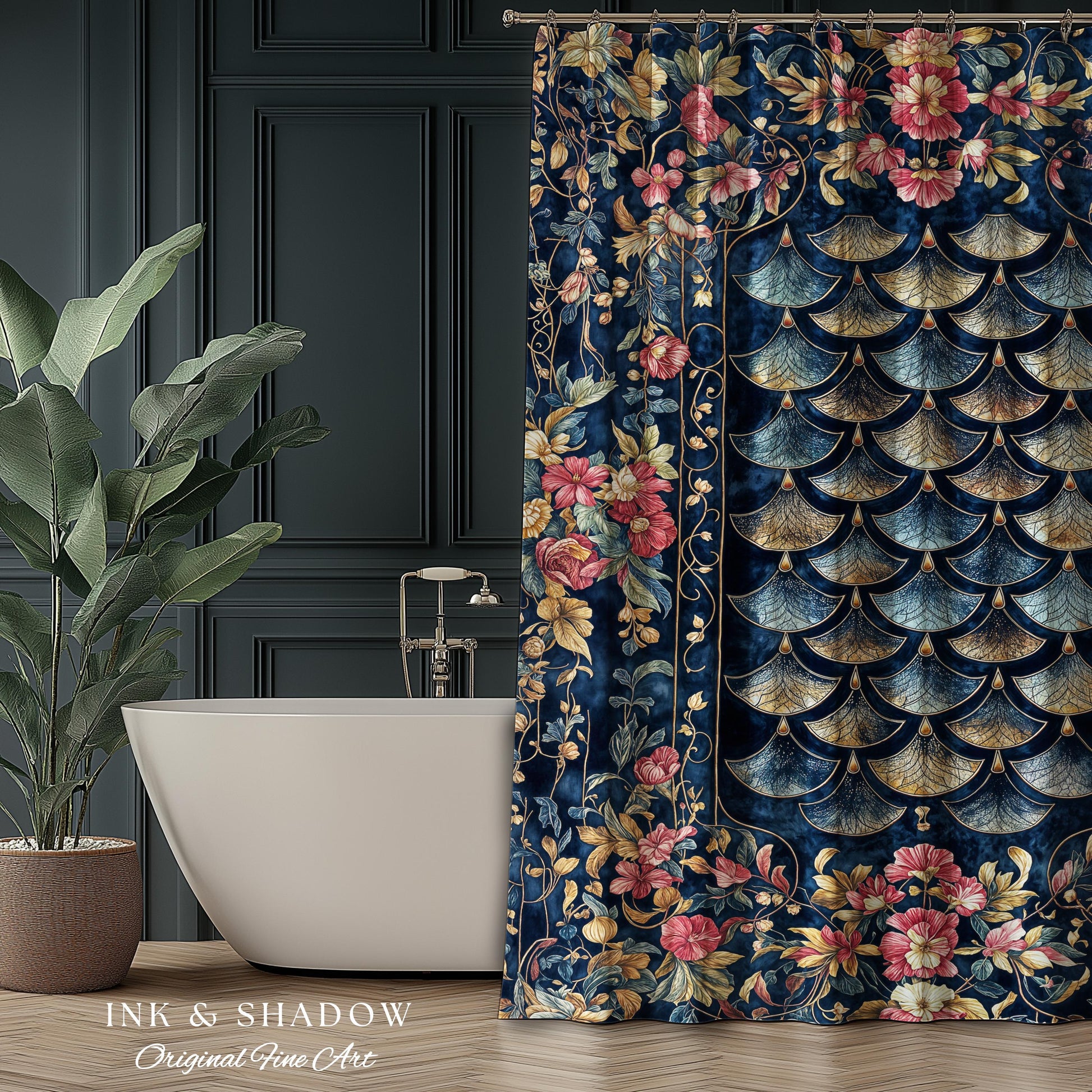 Ethereal Magic Floral Folklore Shower Curtain | Storybook Fairytale Dragon Scale Medieval Wildflower Bathroom Accent Decorative Princesscore