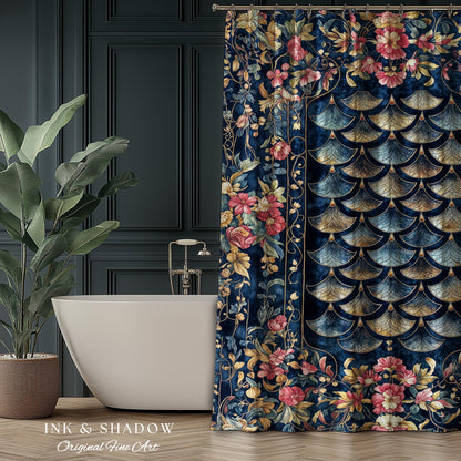 Ethereal Magic Floral Folklore Shower Curtain | Storybook Fairytale Dragon Scale Medieval Wildflower Bathroom Accent Decorative Princesscore