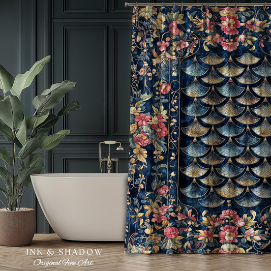 Ethereal Magic Floral Folklore Shower Curtain | Storybook Fairytale Dragon Scale Medieval Wildflower Bathroom Accent Decorative Princesscore