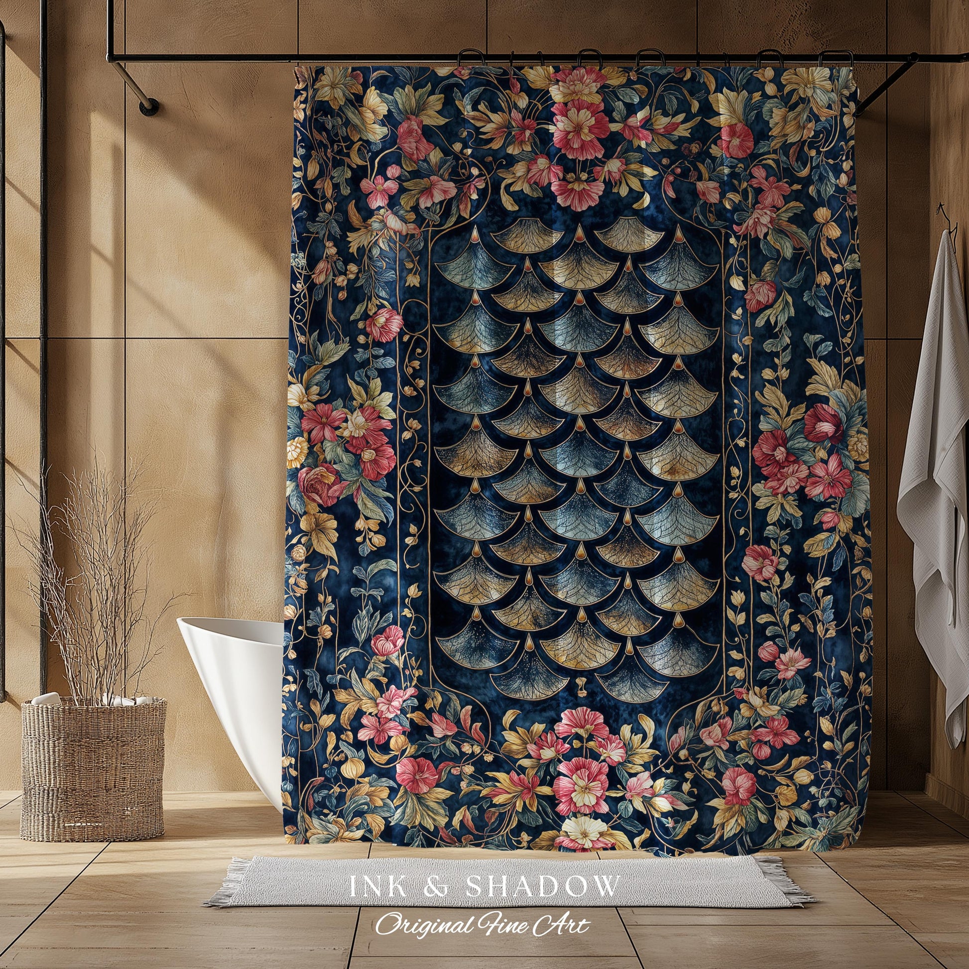 Ethereal Magic Floral Folklore Shower Curtain | Storybook Fairytale Dragon Scale Medieval Wildflower Bathroom Accent Decorative Princesscore