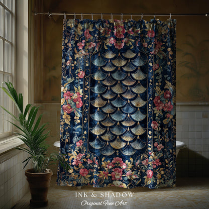 Ethereal Magic Floral Folklore Shower Curtain | Storybook Fairytale Dragon Scale Medieval Wildflower Bathroom Accent Decorative Princesscore